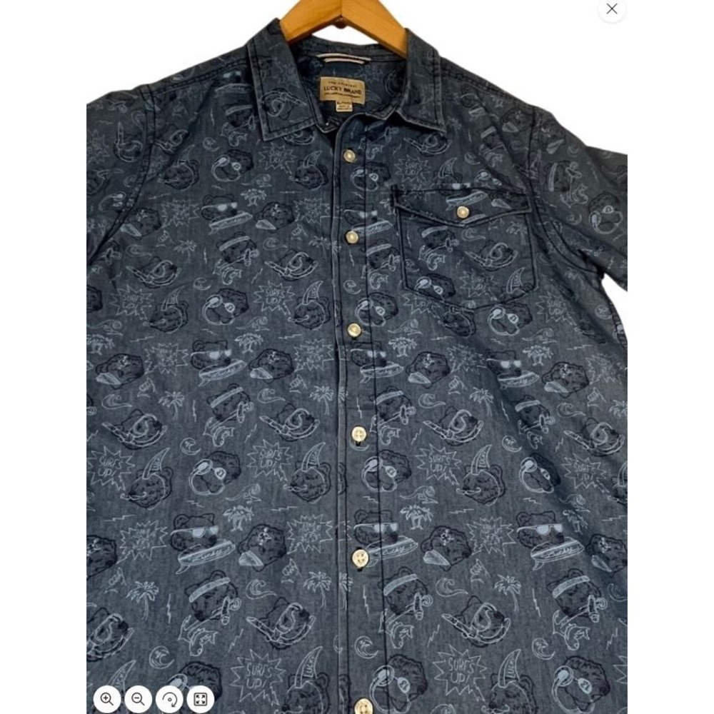 Lucky Brand Mens XL Blue Bear Graphic Print Short Sleeve Button Down Shirt 5583